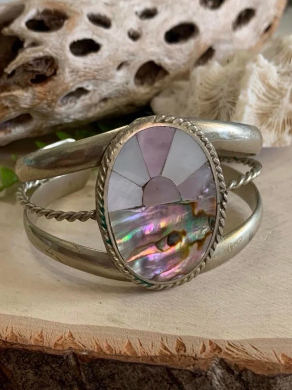 Vintage Handmade Silver Plated Sunset Cuff Bracelet Mother of Pearl & Abalone